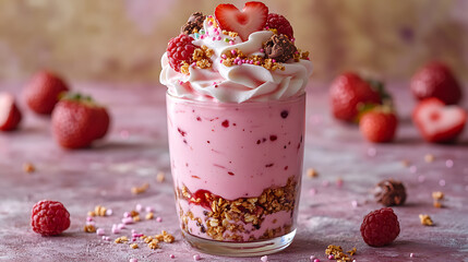 pink yogurt with a tiny heart-shaped chocolate