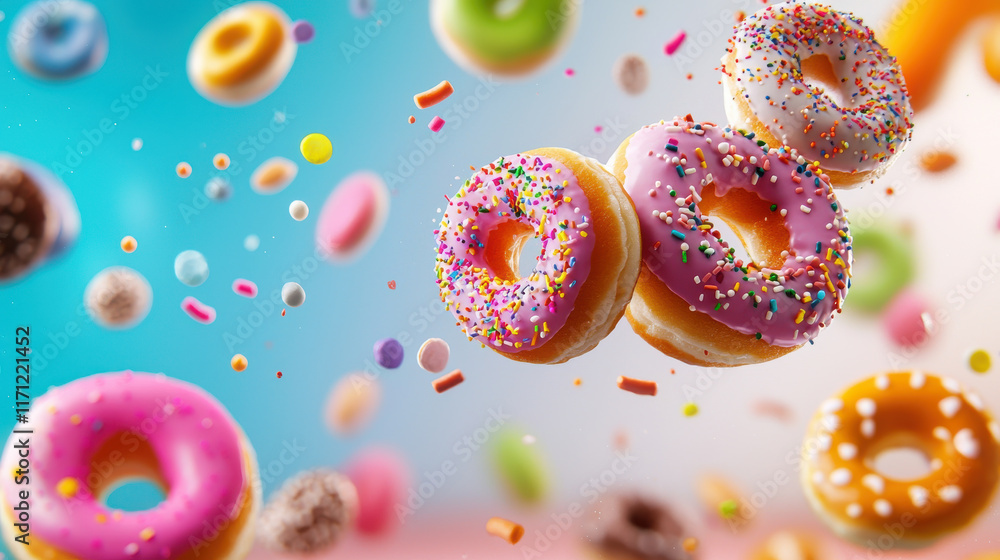 Aufkleber playful image of donuts floating in mid air with vibrant colors and sprinkles, creating whimsical an