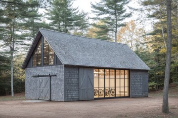 Obraz premium Modern wooden structure designed as a bike storage facility surrounded by pine trees in a tranquil outdoor setting during the fall season
