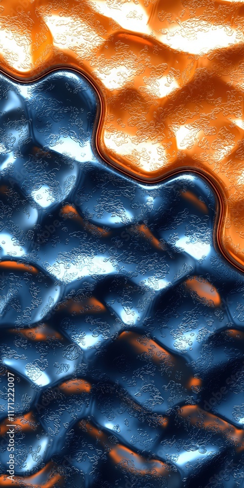 Poster textured waves of blue and orange create a dynamic visual contrast.