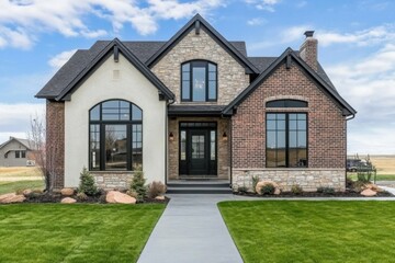 Obraz premium This stunning house, crafted from beautiful stone and brick, features expansive windows and a meticulously manicured lawn, all nestled in a tranquil rural environment
