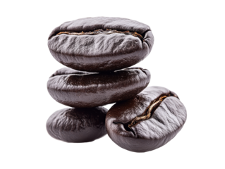 Dark roasted coffee beans stacked attractively
