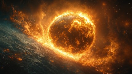Obraz premium Fiery planet engulfed in flames, cosmic inferno, celestial fire.