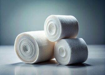 Sterile white bandages for wound care; professional medical photography, emphasizing the rule of thirds.