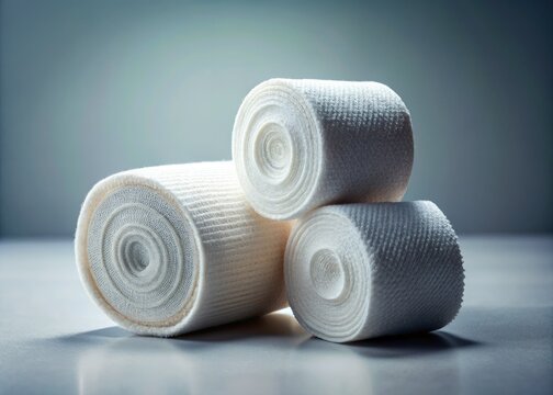 Sterile white bandages for wound care; professional medical photography, emphasizing the rule of thirds.