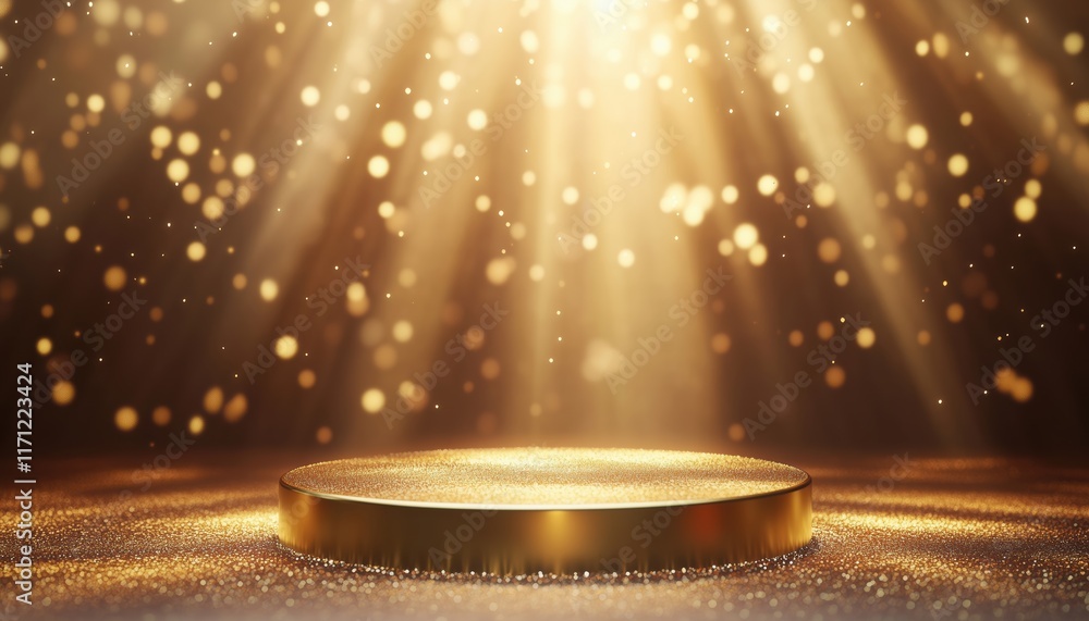 Poster golden podium with empty platform for product presentation adorned with glittering light effects dec