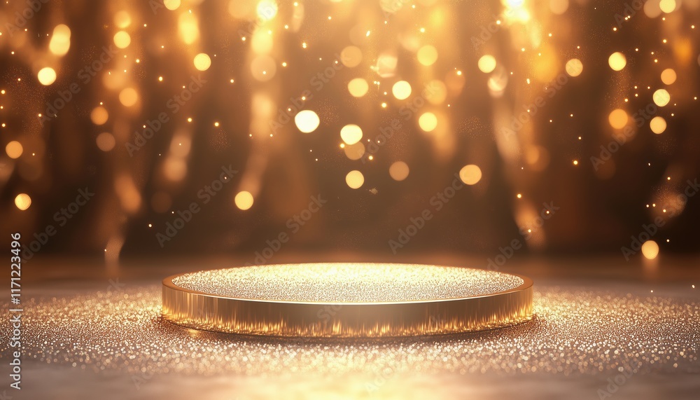 Poster golden podium with glittering light effects and bokeh decoration for displaying products in a stunni