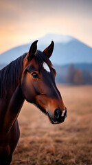 Obraz premium Majestic Brown Horse Portrait, Mountain Sunset Pasture, Equestrian, Ranch, Wallpaper.