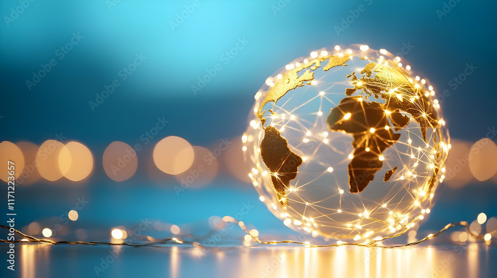 Poster global network connection, illuminated globe, bokeh background, representing worldwide communication
