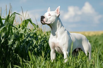 Majestic Dogo Argentino Stands Guard in Lush Cornfield Landscape