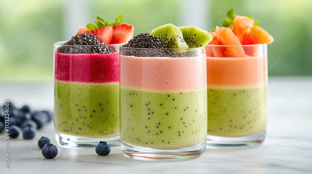 Poster vibrant smoothie layers in glasses topped with fresh fruits and seeds create refreshing and healthy 