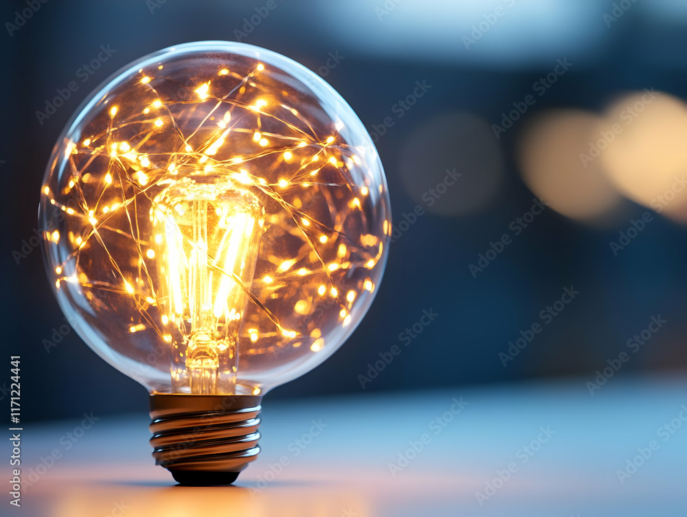 Poster illuminated filament bulb; glowing idea; bokeh background; innovation concept; website banner
