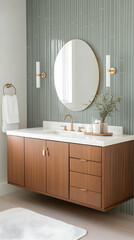 Mid-century modern bathroom vanity, green tile, round mirror, home decor.