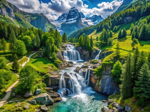 Stunning Devero Waterfall's summer aerials: majestic Italian Alps drone photography.