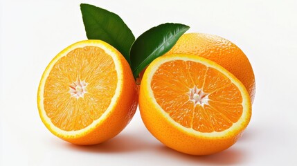 Fresh Oranges with Green Leaves on White Background
