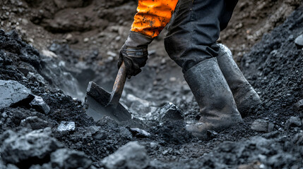 Miner shovels coal in dark mine, pit background, industrial work.