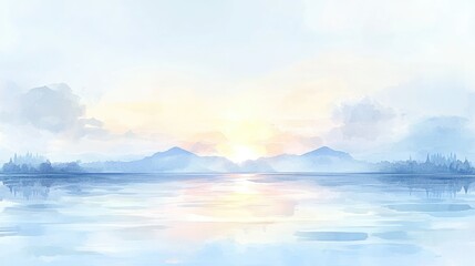 Obraz premium Serene watercolor landscape at sunrise over calm waters