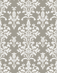 French vintage damask pattern. Delicate white floral seamless design. Hand-drawn home decor wallpaper. Classic farmhouse print, vintage