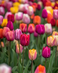 Fototapeta premium A vibrant tulip field showcases a stunning array of colors. Each bloom offers a unique hue and form. Experience the beauty of spring through these delicate flowers. Generative AI