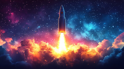 Rocket launching into vibrant nebula, fiery trail.