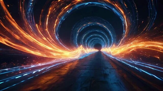 A continuous, spiraling tunnel of light and particle waves with a futuristic data transfer effect, 4k High-Quality background animation video