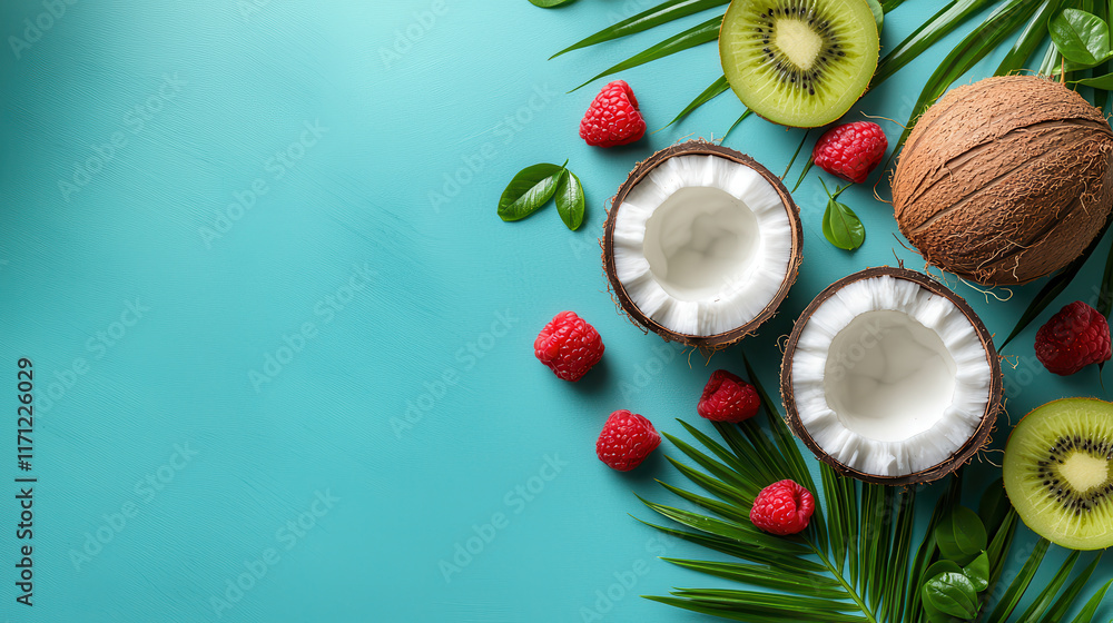 Poster fresh coconuts, raspberries, and kiwi arranged on vibrant turquoise background create tropical parad