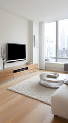 Modern apartment living room TV cityscape view relaxation.
