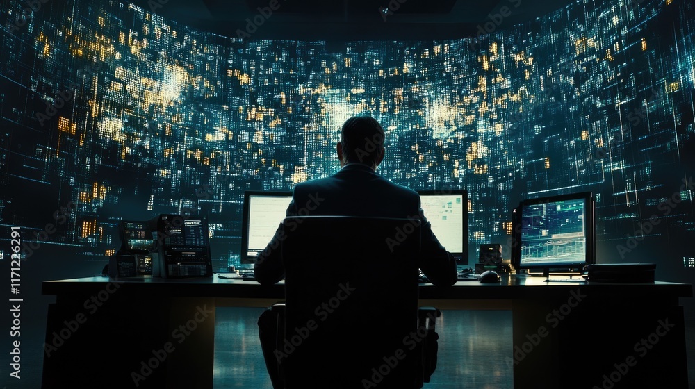 Poster high-tech financial analysis scene with a businessman reviewing large data sets and graphs on a glow