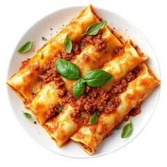 Stuffed Cannelloni Pasta with Meat Sauce and Basil Isolated on White and Transparent Background