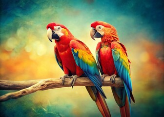 Obraz premium Vintage Photo of Cute Parrots Playing on a Branch