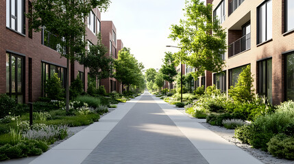 Modern Brick Apartment Buildings Line Tree-Lined Residential Street, Urban Development, Real Estate Marketing.