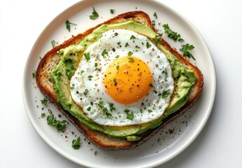 Delicious and Healthy Avocado Toast with Fried Egg Garnished with Fresh Herbs on White Plate for Breakfast or Brunch