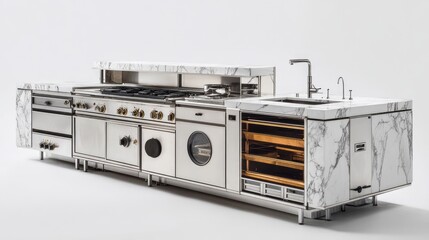 Obraz premium High-tech white kitchen with advanced stainless steel appliances and marble detailing.