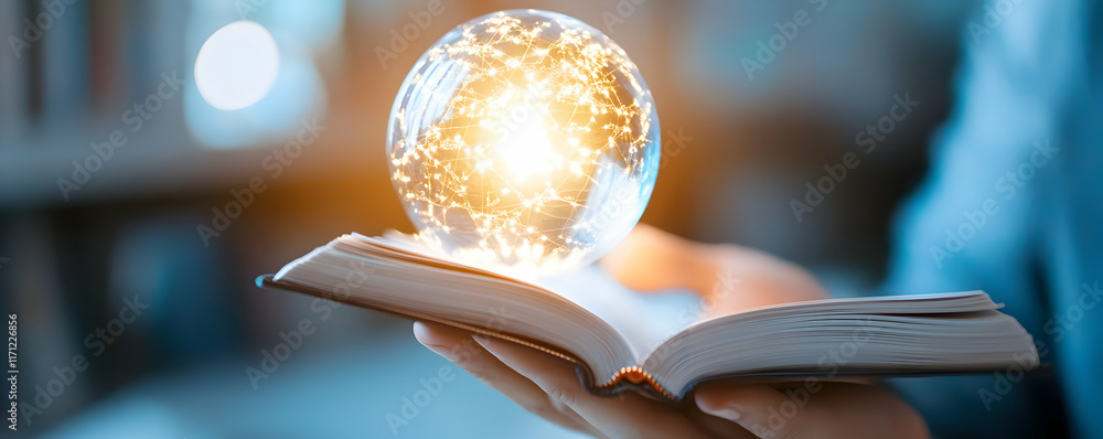 Poster glowing orb above open book; person reading in library; knowledge, learning