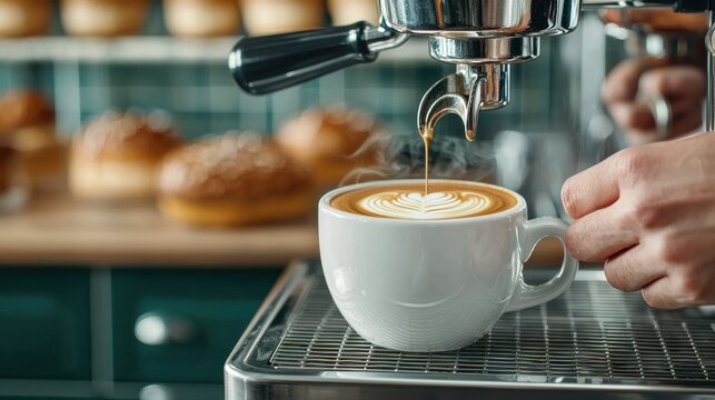 Barista preparing latte art coffee with espresso machine in cafe