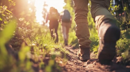 Group of Hikers Walking Through a Sunlit Forest Path Surrounded by Vibrant Greenery and Natural Light in a Peaceful Outdoor Environment