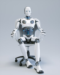 A humanlike robot sits in a chair