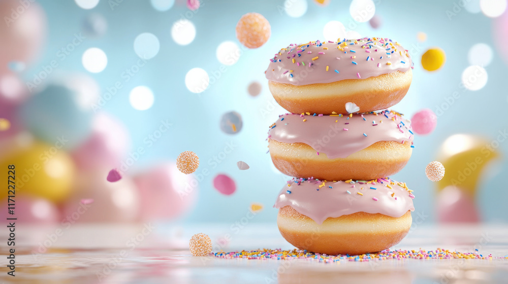 Aufkleber delightful mini donuts stacked with colorful glazes and sprinkles, surrounded by whimsical atmospher