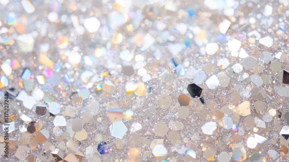 Poster a close-up of sparkling glitter, showcasing various shapes and reflections.
