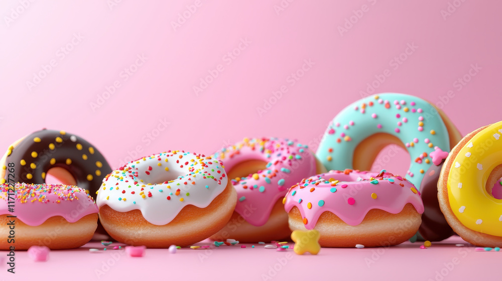 Poster whimsical scene of mini donuts with colorful glazes and sprinkles, set against pink background, crea