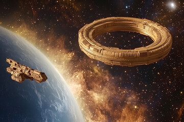 Spaceship orbiting planet with a torus-shaped space station: science fiction scene