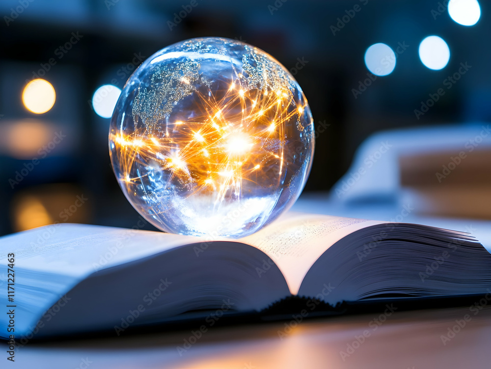 Poster global network connection, illuminated orb on open book, library background; educational concept