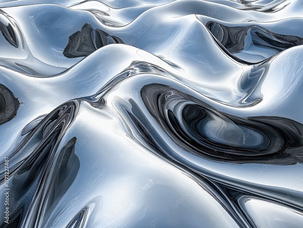 Aufkleber abstract metallic waves creating a fluid, reflective surface.