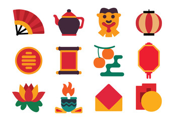 Vector set of Lunar New Year decoration elements. Isolated Chinese New Year icons, perfect for festive designs and celebrations.