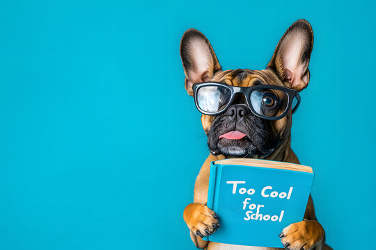 French bulldog puppy holding book and wearing eyeglasses on blue background