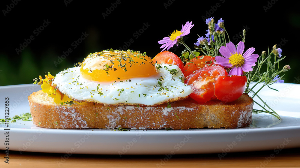 Poster artistic breakfast in bed featuring poached egg on toast, garnished with fresh tomatoes and colorful