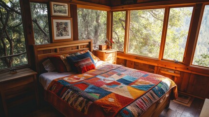 Fototapeta premium Cozy Rustic Bedroom with Vibrant Quilt and Scenic Nature View