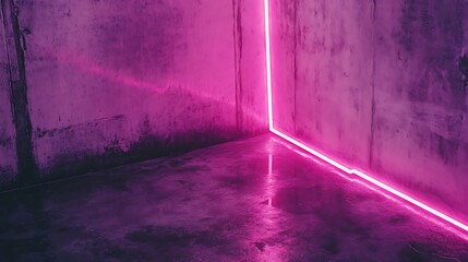 Pink Neon Light Illuminates a Corner in a Concrete Room