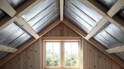 Fototapeta premium Loft conversion project featuring exposed wooden walls, roof windows, and silver insulation, rendered with selective focus for depth.
