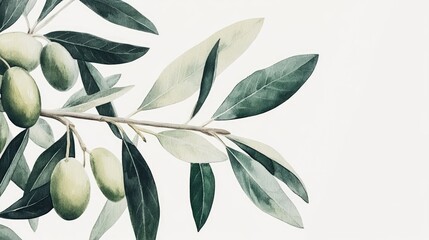 Obraz premium Lush green olives with leaves on a branch, showcased in crisp detail against a minimalistic white background.